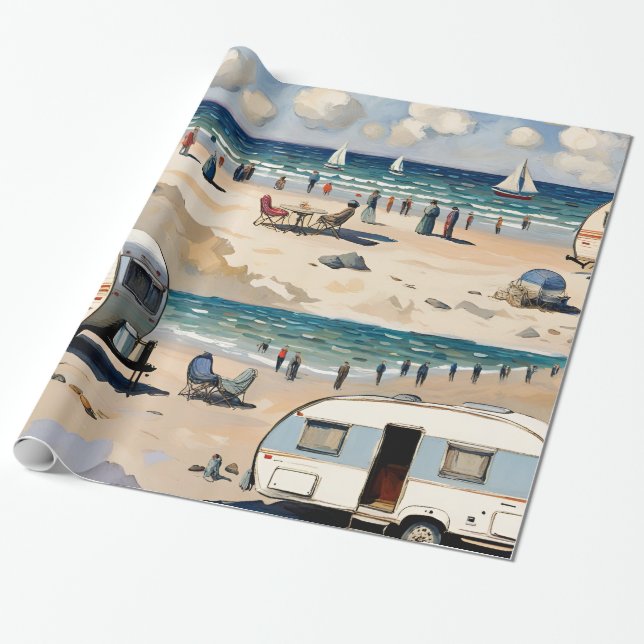 Sommar Vibes, Vintage Caravan på stranden Presentpapper (Utrullad)