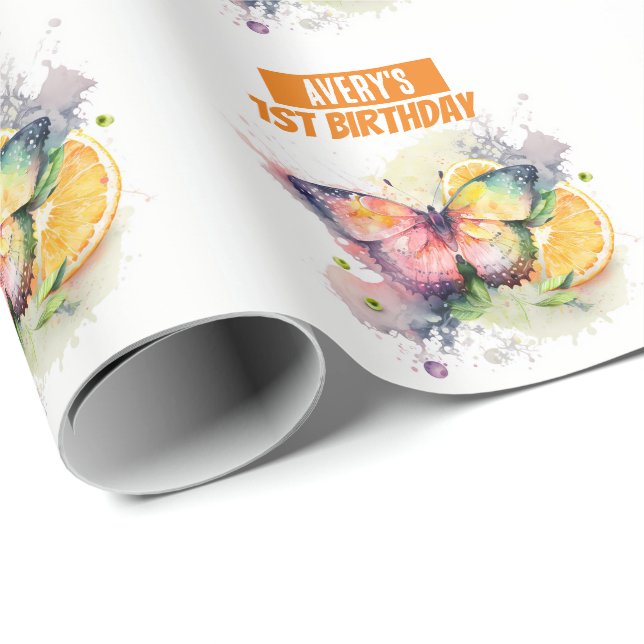 Sommar Vibes Watercolor Butterfly Birthday Presentpapper (Rullad Hörn)