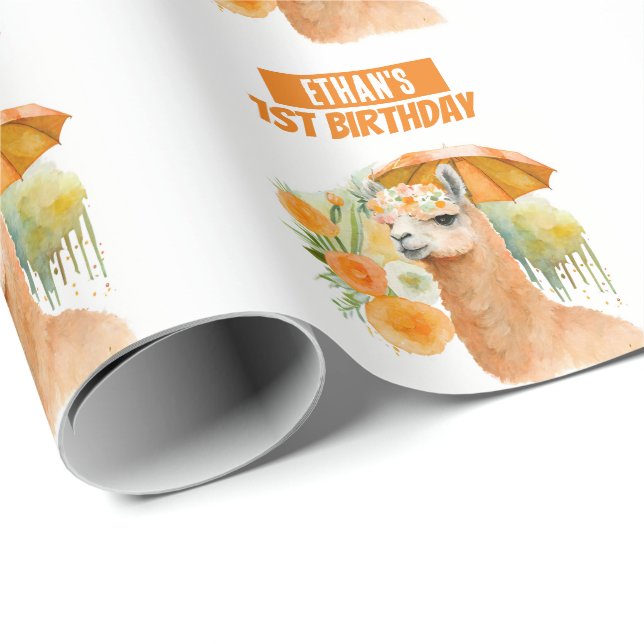Sommar Vibes Watercolor Llama Birthday Presentpapper (Rullad Hörn)