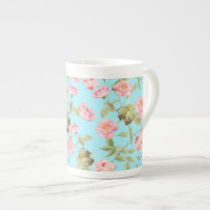 Sommar Victorian Vintage Ro Mönster på Teal Benporslin Mugg