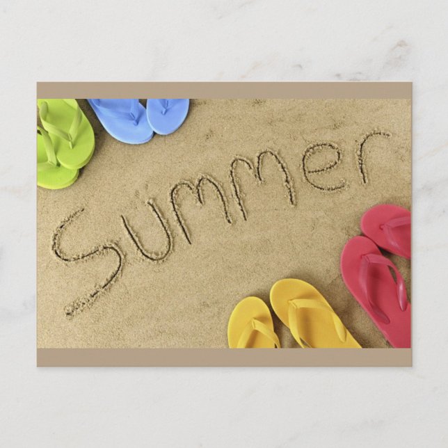 Sommar Vykort (The word "Summer" is written in the sand, with the letters appearing to be etched or drawn.)