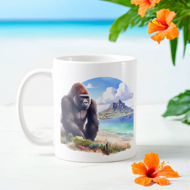 Sommar Watercolor Gorilla på stranden Kaffemugg (Skapare uppladdad)