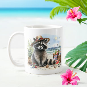 Sommar Watercolor Raccoon på stranden Kaffemugg