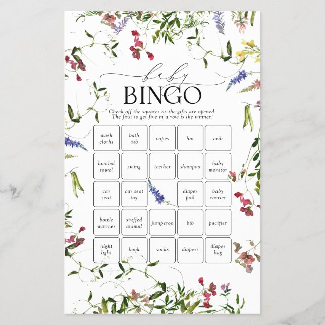 Sommar WildblomBaby Shower Bingo Game Flygblad (Framsidan)