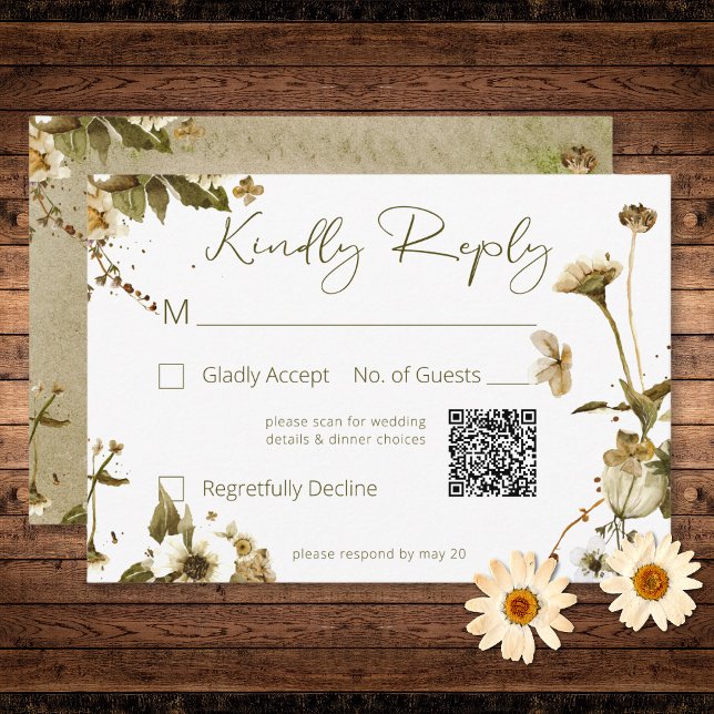 Sommar-Wildblommor och Daisy Bröllop QR-kod OSA Kort (Summer Wildflowers & Daisies Wedding QR Code RSVP Card)
