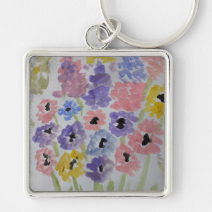 Sommar Wildblommor Premium Fyrkantig Silverfärgad Nyckelring
