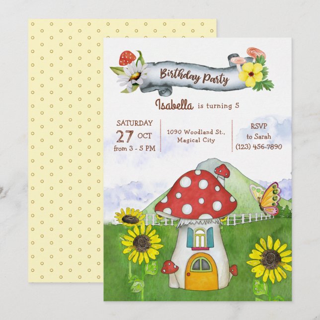 Sommar Woodland Mushroom House Whimsical Birthday Inbjudningar (Fram/baksida)