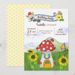Sommar Woodland Mushroom House Whimsical Birthday Inbjudningar