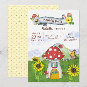 Sommar Woodland Mushroom House Whimsical Birthday Inbjudningar