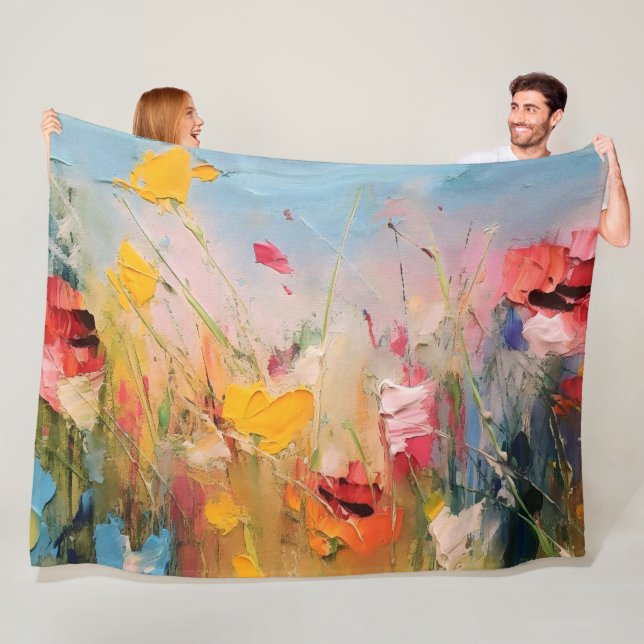 Sommaräng – Expressiva Abstrakt Vildblommor Fleecefilt (På plats)