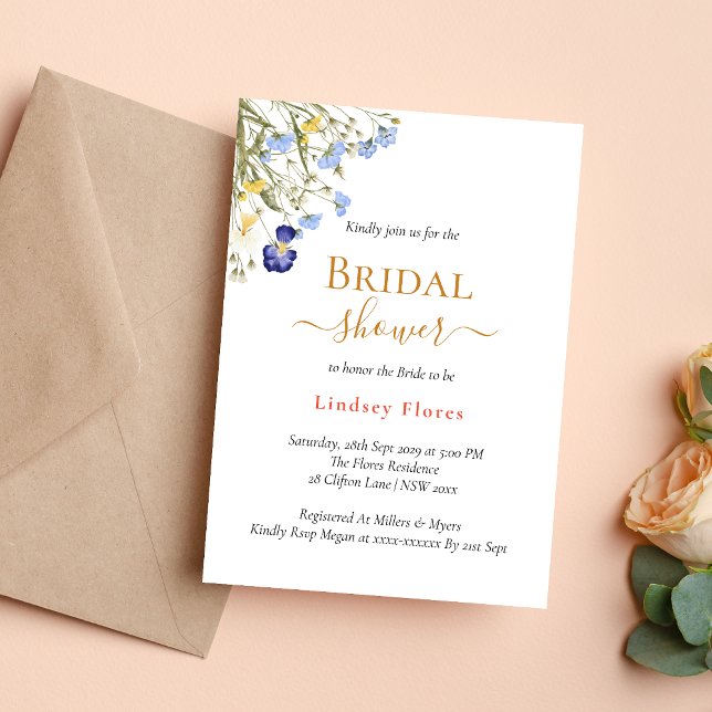 Sommarängsblommor Guld Bröllopsdusch Inbjudningar (Summer meadow wildflowers gold invitation brings a fresh, joyful bridal shower vibe)