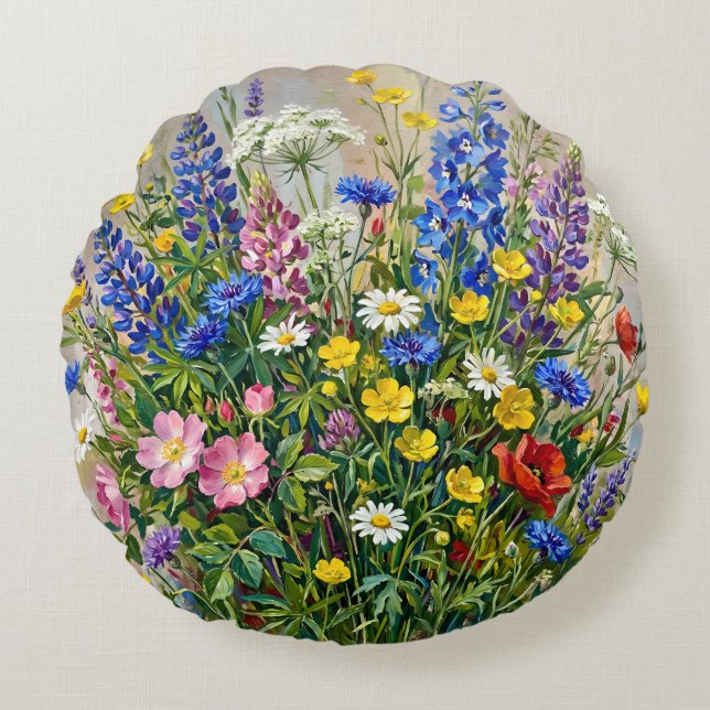 Sommarängsblommor Rund Kudde (Framsidan)