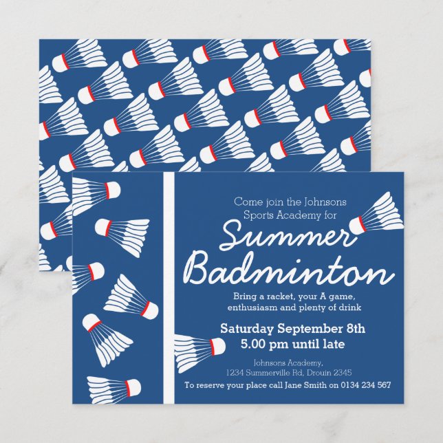 Sommarbadminton-händelsen inbjudan blue & white (Fram/baksida)