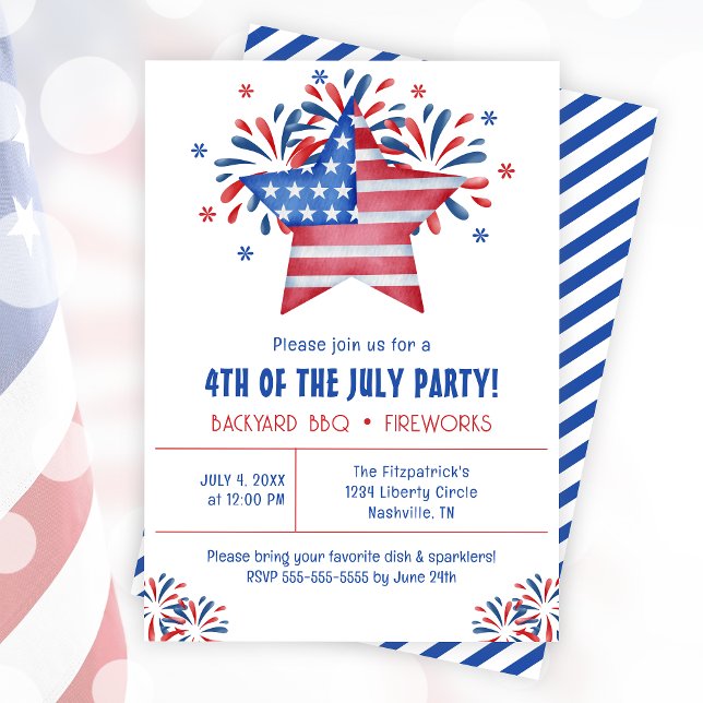 Sommarbakgård, BBQ 4:e juli Party Inbjudningar (Summer Backyard BBQ 4th Of July Party Invitation)