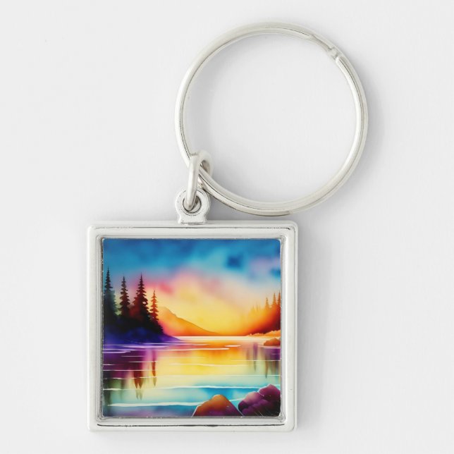 Sommarbakgrund med Handflatan Träd-56790 Fyrkantig Silverfärgad Nyckelring (Framsidan)