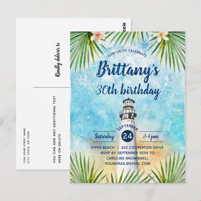 Sommarbeach ThMeed Födelsedagsfest inbjudan (Fram/baksida)