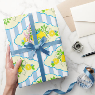 Sommarbetonat blått och gult citroner blommönster presentpapper