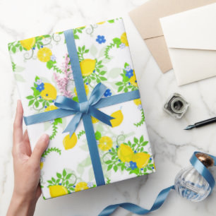 Sommarbetonat blått och gult citroner blommönster presentpapper