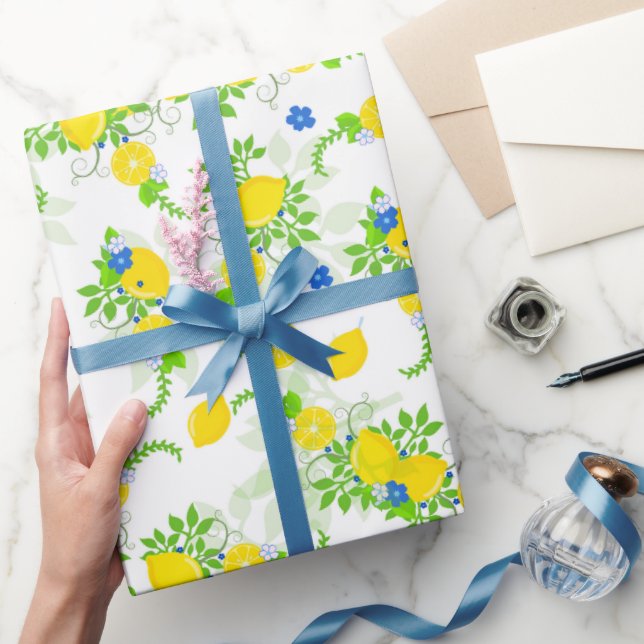 Sommarbetonat blått och gult citroner blommönster presentpapper (Gifting)