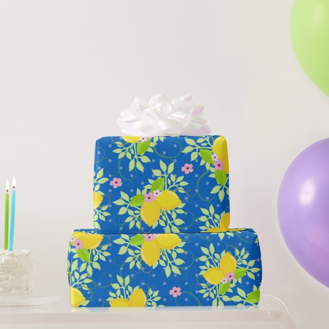 Sommarbetonat blått och gult citroner blommönster presentpapper (Festgåvor)