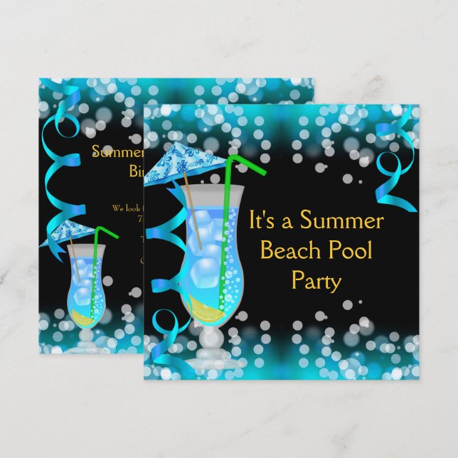 Sommarblå Cocktail Strand Poolparty Inbjudningar (Fram/baksida)