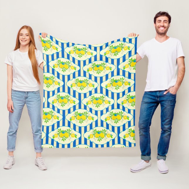 Sommarblå och gula citroner blommönster fleecefilt (På plats)