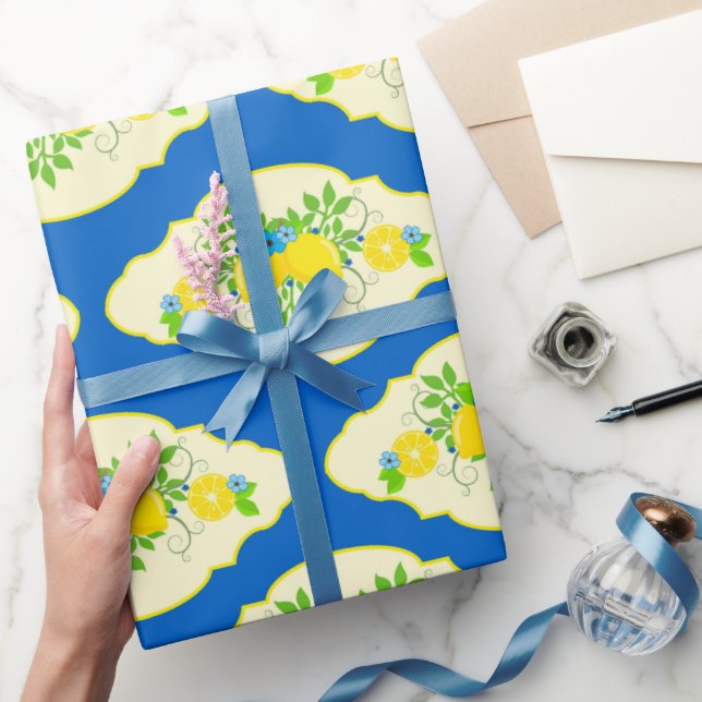 Sommarblå och gula citroner blommönster presentpapper (Gifting)