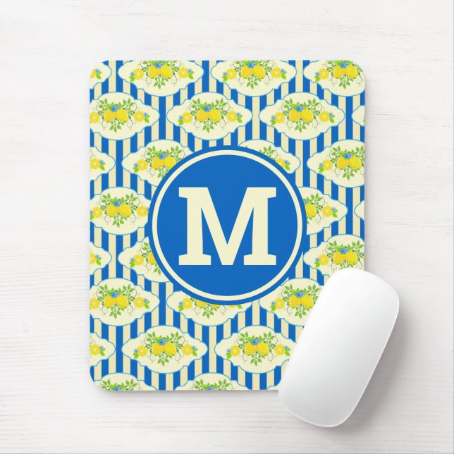 Sommarblå Ränder & Citroner och Blad Mönster Musmatta (Med mus)
