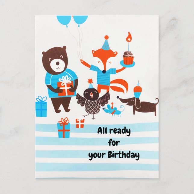 Sommarblå Skogsdjur Vattenfärg Vykort (Framsida)