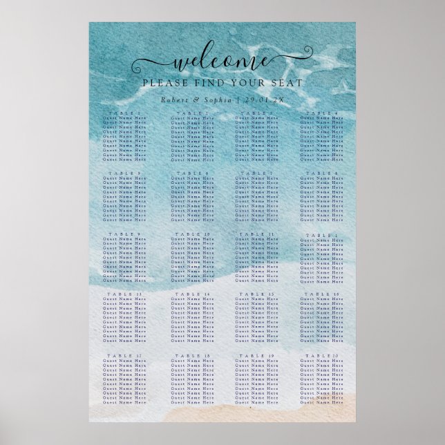 Sommarblå strand sittplatskarta poster (Framsidan)