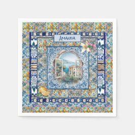 Sommarblåa plattor av blommigt, citrusmonogram pappersservett