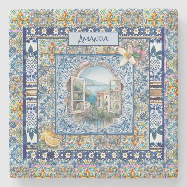 Sommarblåa plattor av blommigt, citrusmonogram stenunderlägg (Framsidan)