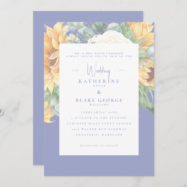 Sommarblått Elegant Solros Tuscan Bröllop Inbjudningar (Fram/baksida)
