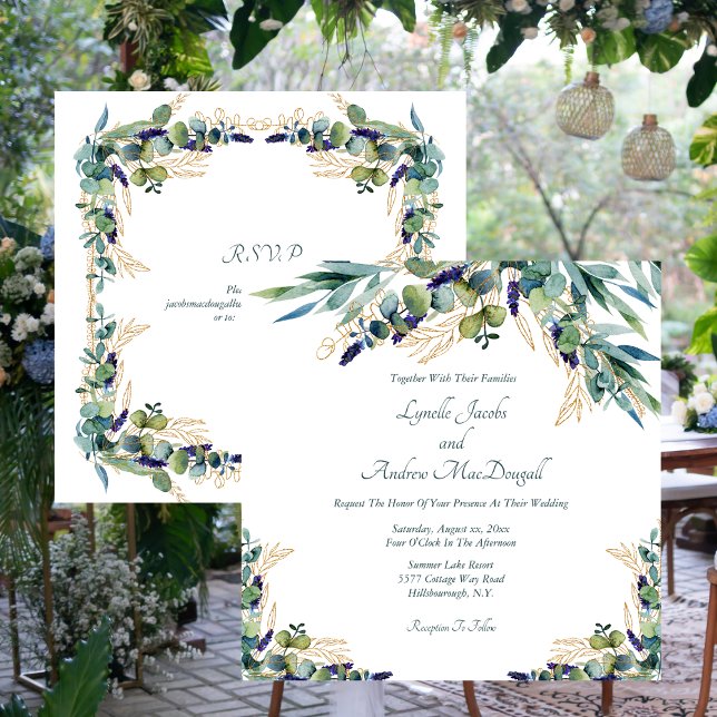 Sommarblått Grönt Watercolor Blommigt Bröllop Inbjudningar (Summer Blue Green Watercolor Floral Wedding Invitation)