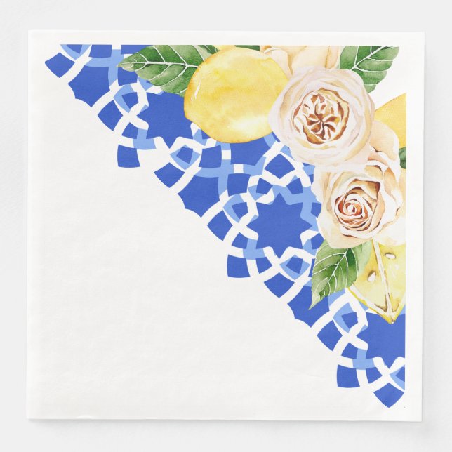 Sommarblått plattor och citroner pappersservett (Framsida)