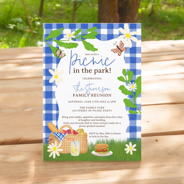 Sommarblått Roligt Picnic i återföreningen av park Inbjudningar (Summer blue cool Fun Picnic in the park family reunion Invitation)