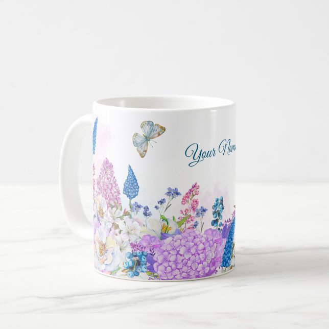 Sommarblått sommarblått lila kaffemugg (Framsida vänster)