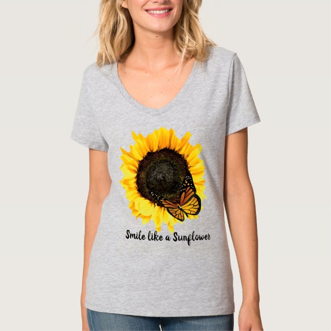Sommarblomma och fjäril Stil Gult T Shirt (Framsida)