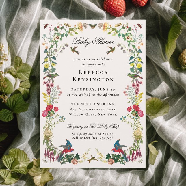 Sommarblommig babyshower med vintage-inspiration inbjudningar (Vintage botanical garden baby shower invitation with a frame of flowers, plants, hummingbirds)
