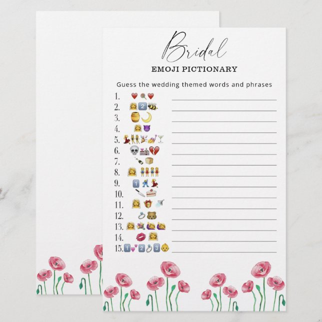 Sommarblommig bröllopsdusch emoji pictionary-spel (Fram/baksida)
