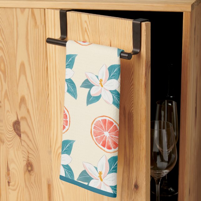 Sommarblommig Grapefrukt – Kustnära Citrusdesign Kökshandduk (Thirds Fold)