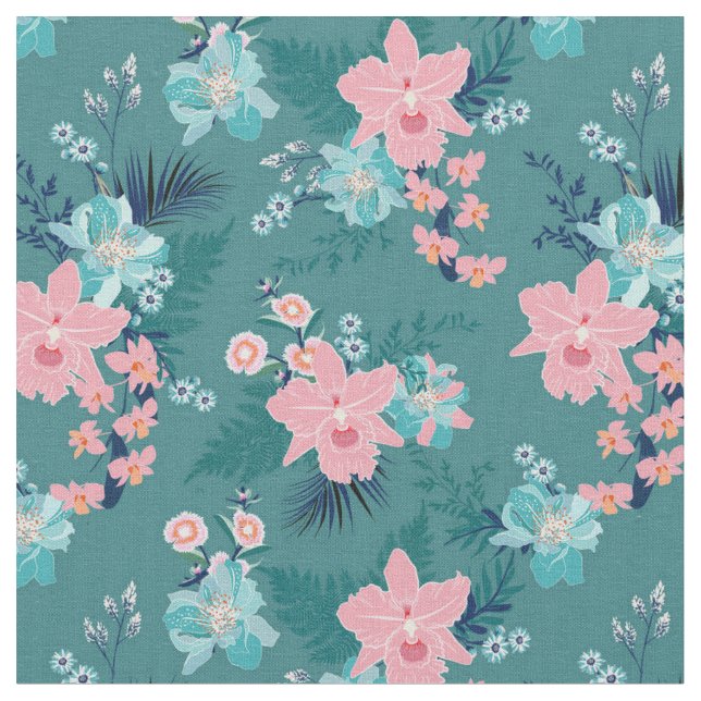SommarBlommigt, Rosa på Teal Background Tyg (Närbild)
