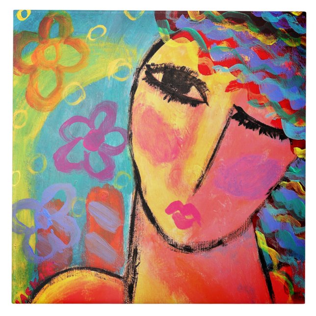 Sommarblommor Abstrakt Porträtt i en kvinna Kakelplatta (Framsidan)
