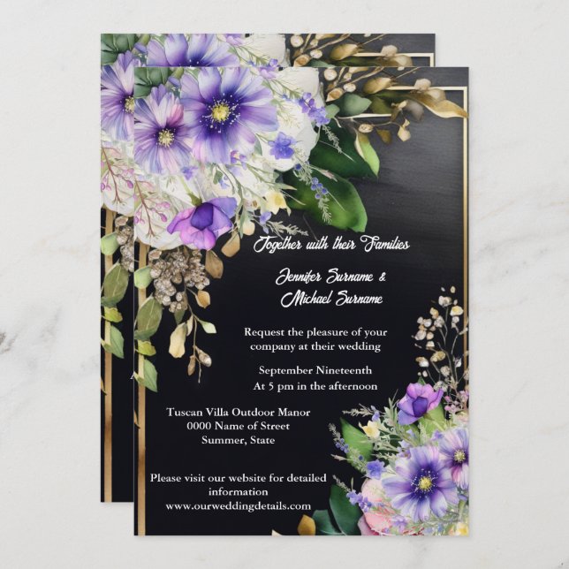 Sommarblommor elegant svart lila inbjudningar (Fram/baksida)