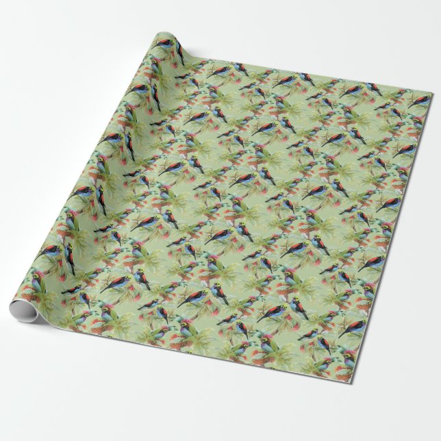 Sommarblommor Fåglar: Tropical Mönster Presentpapper (Utrullad)