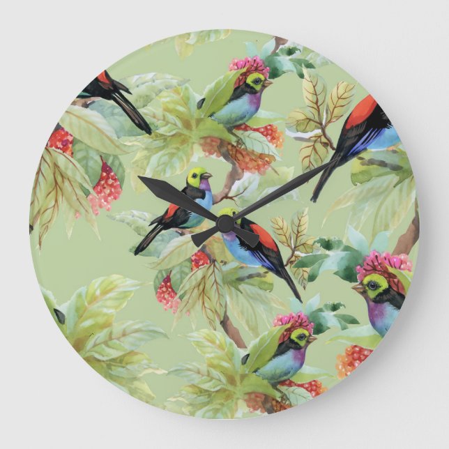 Sommarblommor Fåglar: Tropical Mönster Stor Klocka (Framsida)