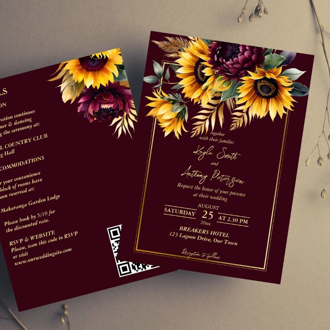 Sommarblommor i bröllop, alla i ett inbjudningar (Fall summer wedding burgundy yellow sunflowers all in template invitation digital download QR RSVP)