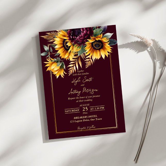 Sommarblommor i bröllop inbjudningar (Fall summer rustic burgundy sunflowers wedding invitation editable template instant download)