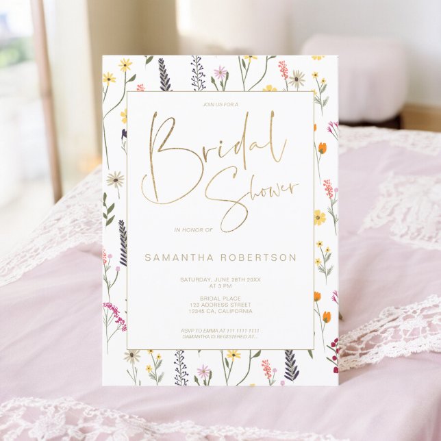 Sommarblommor i vilden guld, möhippa inbjudningar (Summer chic wild flowers gold script bridal shower invitation)