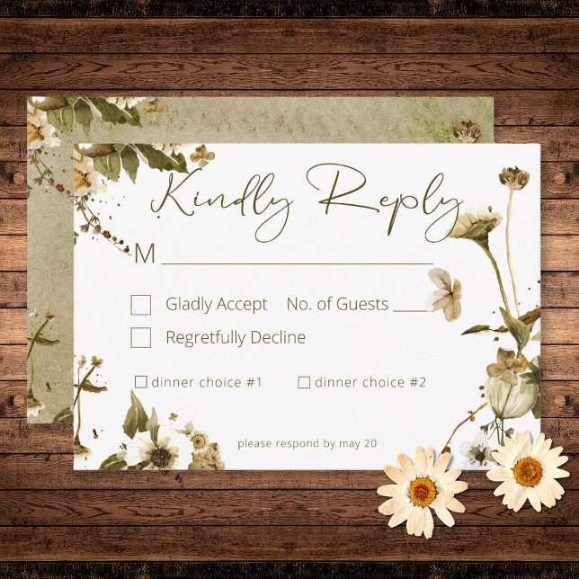 Sommarblommor och Daisy Bröllop 2-middag OSA Kort (Summer Wildflowers & Daisies Wedding Two Dinner RSVP Card)
